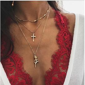 Vintage Rose Pendant with Multi-layered Cross Necklace and Snake Chain