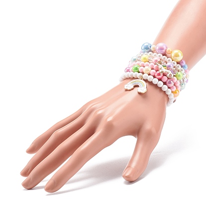 6 conjuntos de pulseras elásticas con cuentas acrílicas, pulseras de niño para niñas, con los colgantes de la aleación del esmalte, perlas de imitación de plástico abs e hilo de cristal elástico