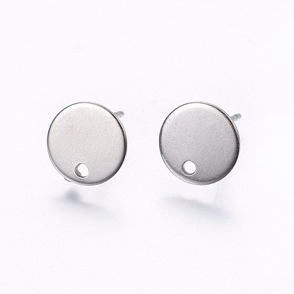 Flat Plate 201 Stainless Steel Stud Earring Findings, with 304 Stainless Steel Pin, Flat Round