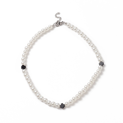 Collier de perles d'imitation de perles d'imitation de croix d'onyx noir naturel et d'acrylique pour femme