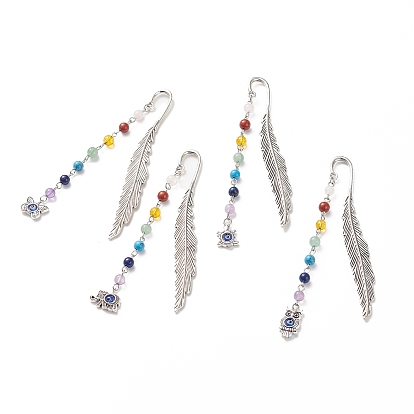 4 marque-pages en perles de pierres précieuses, signets de plumes, avec perle au chalumeau fait à la main, pendentif signet, papillon & éléphant & tortue & hibou