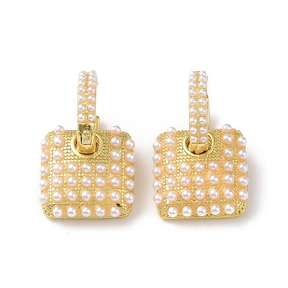 Plastic Imitation Pearl Beaded Square Dangle Hoop Earrings, Rack Plating Brass Jewelry for Women, Lead Free & Cadmium Free