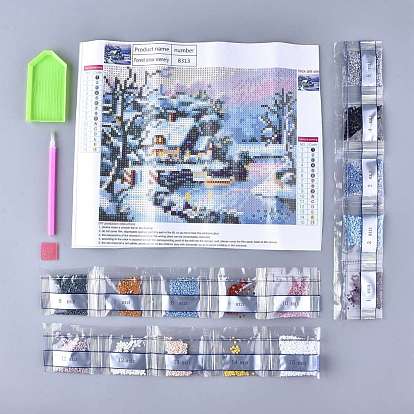 DIY Diamond Painting Kits For Kids, with Diamond Painting Cloth, Resin Rhinestones, Diamond Sticky Pen, Tray Plate and Glue Clay, Snow Forest Cabin