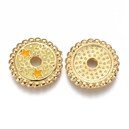 Perlas de esmalte de bronce, redondo plano con estrella y estrella amarilla, real 18 k chapado en oro