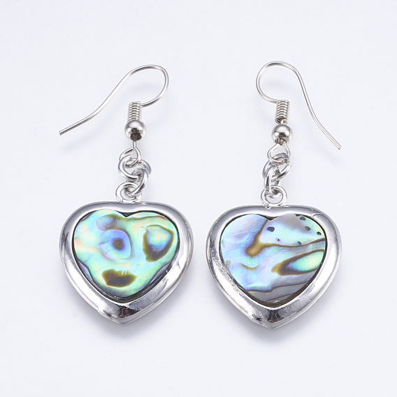 Abalone Shell/Paua Shell Dangle Earrings, with Brass Findings, Heart
