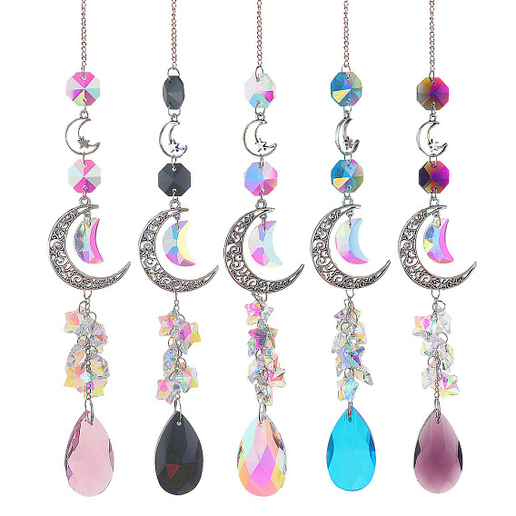Glass Moon Hanging Suncatcher Pendant Decoration, Teardrop Crystal Ceiling Chandelier Ball Prism Pendants, with Alloy & Iron Findings