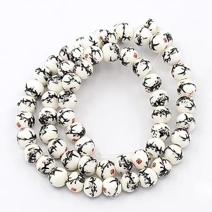 Handmade Printed Porcelain Round Beads Strands, with Flower Pattern, 6mm, Hole: 2mm, about 60pcs/strand, 13.58 inch