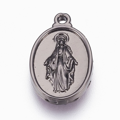 Brass Pendants, with Cubic Zirconia, Lead Free & Cadmium Free & Nickel Free, Long-Lasting Plated, Oval with Virgin Mary