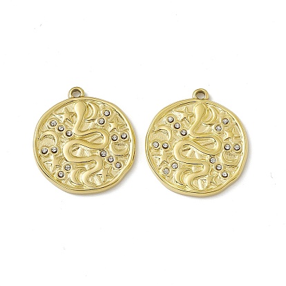 Vacuum Plating 201 Stainless Steel Pendants, Crystal  Rhinestone Flat Round with Snake Pattern Charms