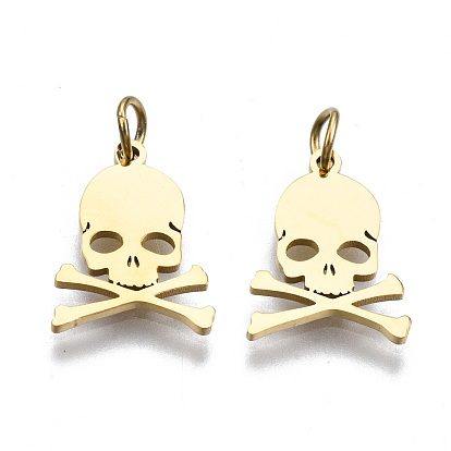 304 Stainless Steel Charms, with Jump Rings, Laser Cut, Skull, for Halloween