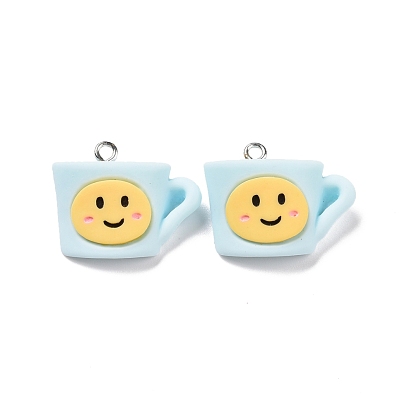 Opaque Resin Pendants, with Platinum Tone Iron Loops, Cup Charm with Smiling Face