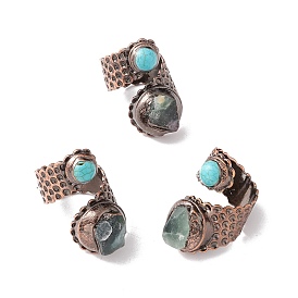 Natural Fluorite & Synthetic Turquoise Open Cuff Ring, Red Copper Brass Chunky Ring for Women, Cadmium Free & Lead Free