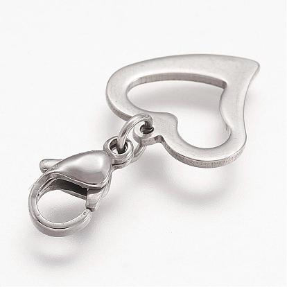 304 Stainless Steel Open Heart Pendants, Hollow, with Stainless Steel Lobster Claw Clasps