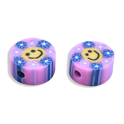 Handmade Polymer Clay Beads, Flat Round with Smiling Face & Flower