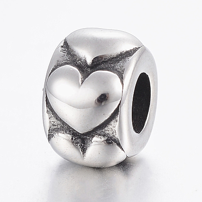 304 Stainless Steel European Beads, Large Hole Beads, Rondelle with Heart