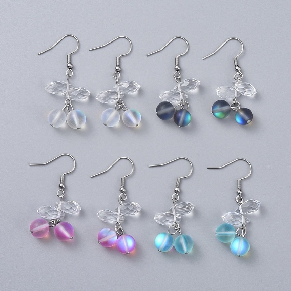 Dangle Earrings, with Synthetic Moonstone Beads, Faceted Teardrop Glass Beads and Stainless Steel Earring Hooks