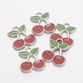 Alloy Enamel Pendants, Cherry, Lead Free and Cadmium Free, Red and LinmeGreen, Platinum