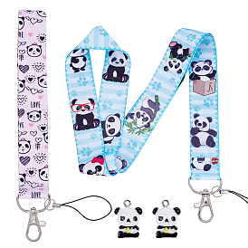 Sangles mobiles en polyester motif panda arricraft, avec fermoirs pinces de homard en alliage et pendentifs panda en résine