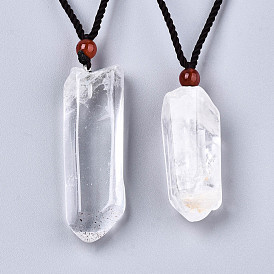 Colliers de pendentif en cristal de quartz naturel, colliers coulissants, avec des cordons en polyester de couleur aléatoire, nuggets