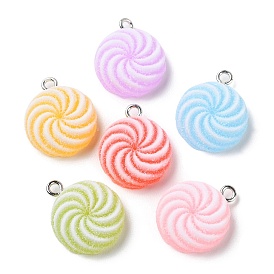 Translucent Resin Flat Round Pendants, Druzy Candy Charms with Platinum Plated Iron Loops