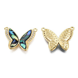 Brass Micro Pave Clear Cubic Zirconia Pendants, with Synthetic Abalone Shell/Paua Shells, Real 18K Gold Plated, Nickel Free, Butterfly Charm