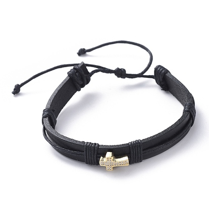 Bracelets cordon unisexe réglable, avec cordon en cuir de vachette, cordon ciré et perles de zircon cubique micro pavé de laiton, croix