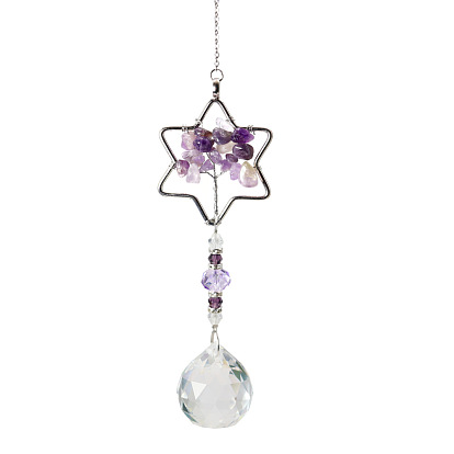 K9 grandes décorations pendantes en verre de cristal, capteurs de soleil suspendus, avec des perles de puces améthyste, étoile avec arbre de vie