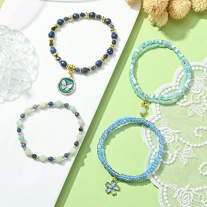 4Pcs 4 Style Natural Mixed Gemstone & Seed Beaded Stretch Bracelets Set, Flower & Butterfly Alloy Enamel Charms Stackable Bracelets for Women