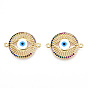 Brass Micro Pave Cubic Zirconia Links, with Enamel, Flat Round with Eye, Golden