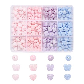 240Pcs 12 Style Opaque Acrylic Beads, with Glitter Powder, Round & Butterfly & Heart