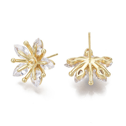 Brass Micro Pave Cubic Zirconia Stud Earring Findings, for Half Drilled Bead, Nickel Free, Flower, Real 18K Gold Plated
