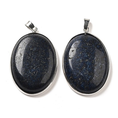 Natural Lapis Lazuli Dyed Pendants, Platinum Plated Brass Oval Charms with Iron Snap on Bails