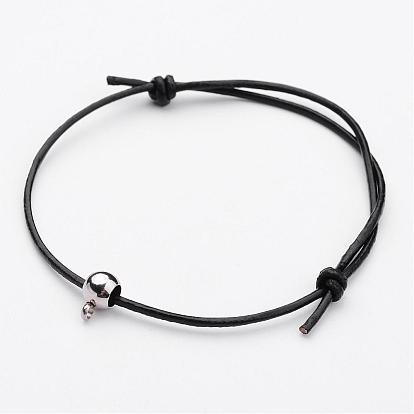 Cowhide Leather Cord Bracelets, with Stainless Steel Beads
