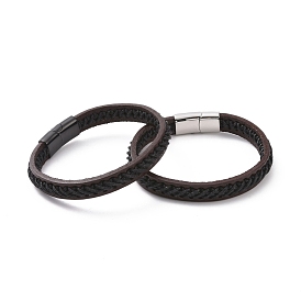 Bracelet cordon en cuir noir avec 304 fermoirs magnétiques en acier inoxydable, bracelet plat punk pour hommes femmes