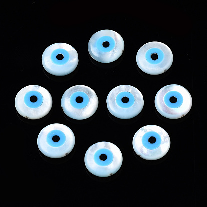 Natural White Shell Mother of Pearl Shell Beads, with Synthetic Turquoise, Flat Round with Evil Eye