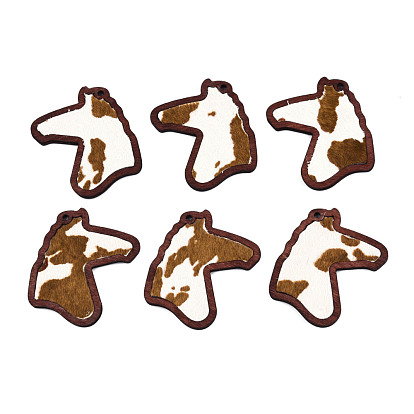Eco-Friendly Cowhide Leather Big Pendants, with Dyed Wood, Horse Head