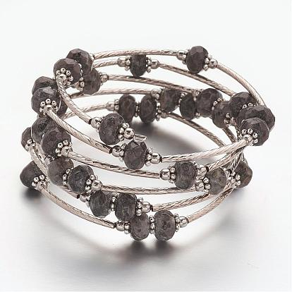 Wrap bracelets de pierres précieuses naturelles, Avec perles d'entretoise en laiton et en alliage et perles de tubes en laiton, 5 boucles