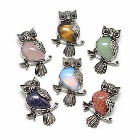 Natural & Synthetic Mixed Stone Big Pendants, with Alloy Findings, Owl, Antique Silver