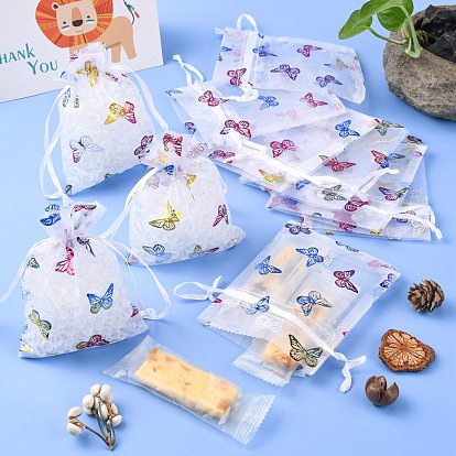 Rectangle Printed Organza Drawstring Bags, Colorful Butterfly Pattern