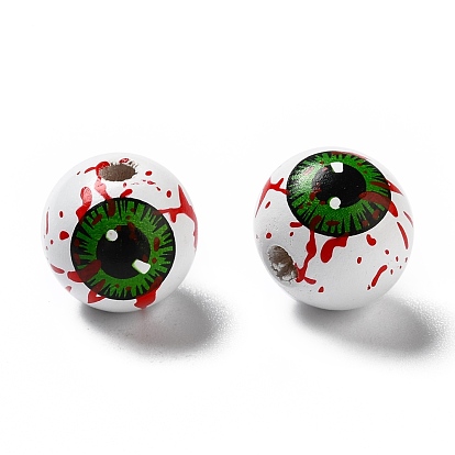 Perles de bois peintes à la bombe d'halloween, rond avec motif vert yeux sanglants