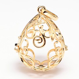 Rack Plating Brass Hollow Teardrop Bead Cage Pendants, For Chime Ball Pendant Necklaces Making