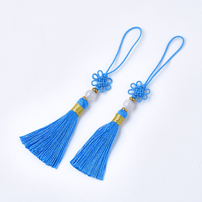 Polyester Tassel Big Pendant Decorations, with Jade Bead, Chinese Knot