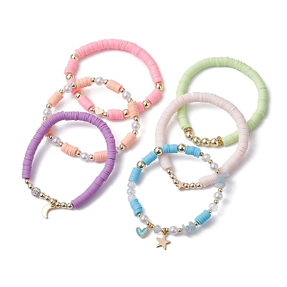 6pcs 6 ensemble de bracelets extensibles en perles de polymère et en plastique ABS de style, Bracelets empilables à breloques étoile, cœur et lune en laiton