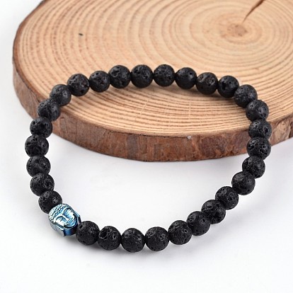 Buddha Head Natural Lava Rock Beaded Stretch Bracelets, with Electroplated Non-Magnetic Hematite Beads, 58mm
