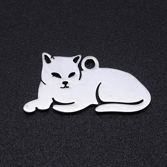 201 pendentifs chaton en acier inoxydable, Coupe au laser, forme de chat couché