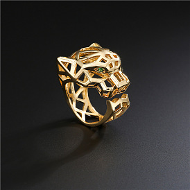Adjustable Hollow Leopard Ring in Punk Style with 18K Gold Plating and Micro Inlay, Hip-hop Culture Jewelry