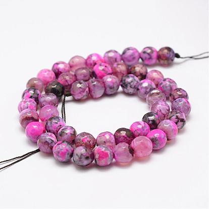 Faceted Natural Fire Crackle Agate Beads Strands, Round, Dyed & Heated