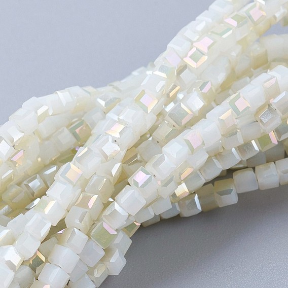 Electroplate Glass Beads Strands, Imitation Jade, Half Rainbow Plated, Faceted, Cube