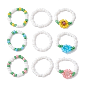 3Pcs 3 Style Glass Seed Beaded Stretch Rings, Flower Stackable Finger Rings