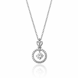 Clear Cubic Zirconia Flat Round with Crown Pendant Necklace, Brass Jewelry for Women